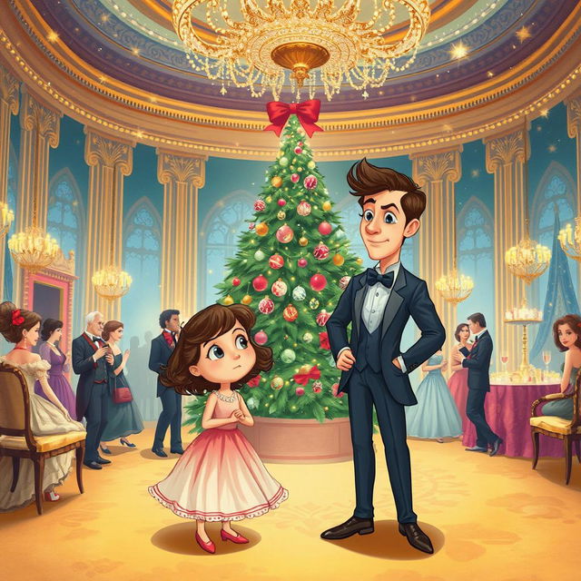 A whimsical book cover illustration depicting a girl who finds herself in a fantastical world during Christmas, alongside her ex-boyfriend who has transformed into a woman's body