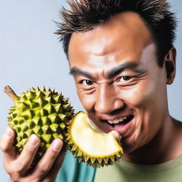 A person daringly digging into the hard, spiky skin of a durian fruit with their teeth, their face showing a combination of intrigue and determination