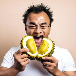 A person daringly digging into the hard, spiky skin of a durian fruit with their teeth, their face showing a combination of intrigue and determination