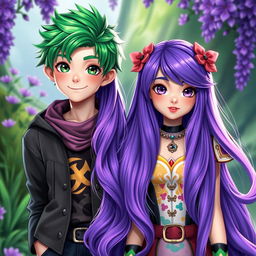 A striking scene featuring a boy with vibrant green hair and a girl with stunning purple hair, standing side by side