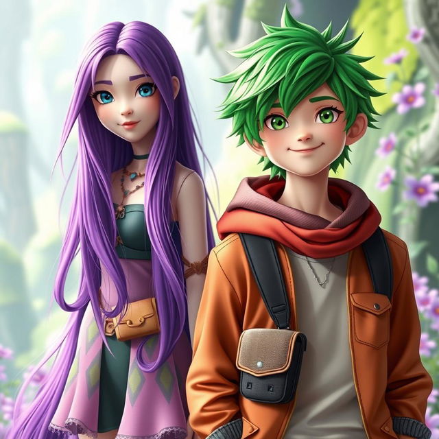 A striking scene featuring a boy with vibrant green hair and a girl with stunning purple hair, standing side by side