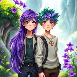 A striking scene featuring a boy with vibrant green hair and a girl with stunning purple hair, standing side by side