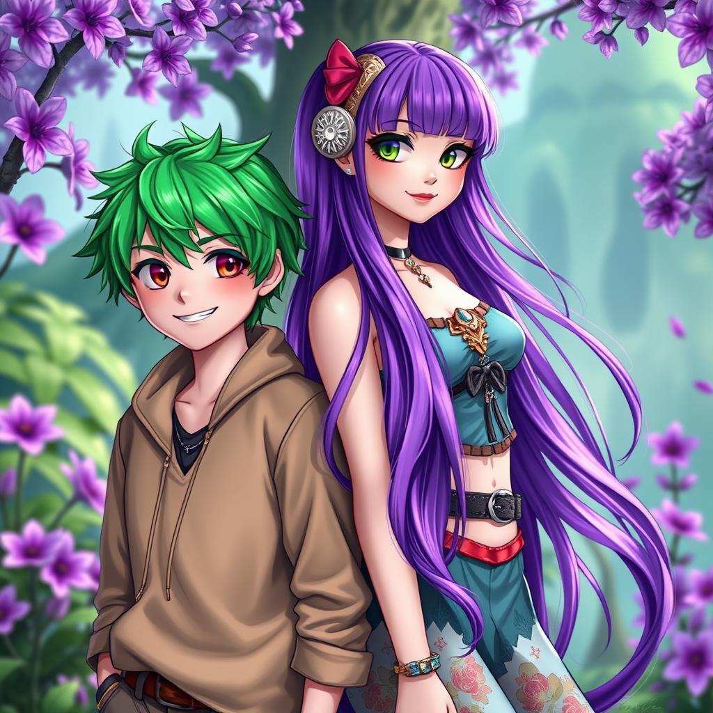 A striking scene featuring a boy with vibrant green hair and a girl with stunning purple hair, standing side by side