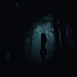 A dark and thrilling scene showcasing the silhouette of a young woman in an eerie, dense forest