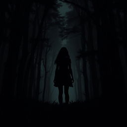 A dark and thrilling scene showcasing the silhouette of a young woman in an eerie, dense forest