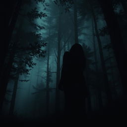 A dark and thrilling scene showcasing the silhouette of a young woman in an eerie, dense forest