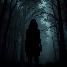 A dark and thrilling scene showcasing the silhouette of a young woman in an eerie, dense forest