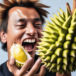 A person daringly digging into the hard, spiky skin of a durian fruit with their teeth, their face showing a combination of intrigue and determination