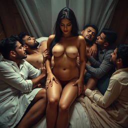 An intense and captivating scene featuring a stunning young Pakistani woman with long legs, engaged in an intimate encounter on a bed within the confines of a modest lodge
