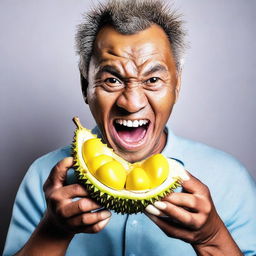 A person daringly digging into the hard, spiky skin of a durian fruit with their teeth, their face showing a combination of intrigue and determination