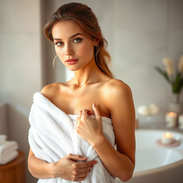 A beautiful, fair-skinned woman wrapped in a soft, white towel that covers half of her chest and a small portion of her thigh