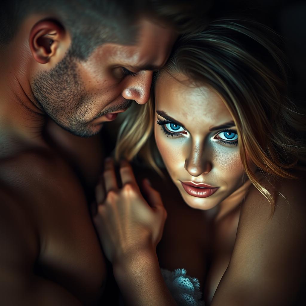 In a vivid and intense scene, a beautiful woman with stunning blue eyes is depicted in an intimate moment, showcasing her allure and vulnerability