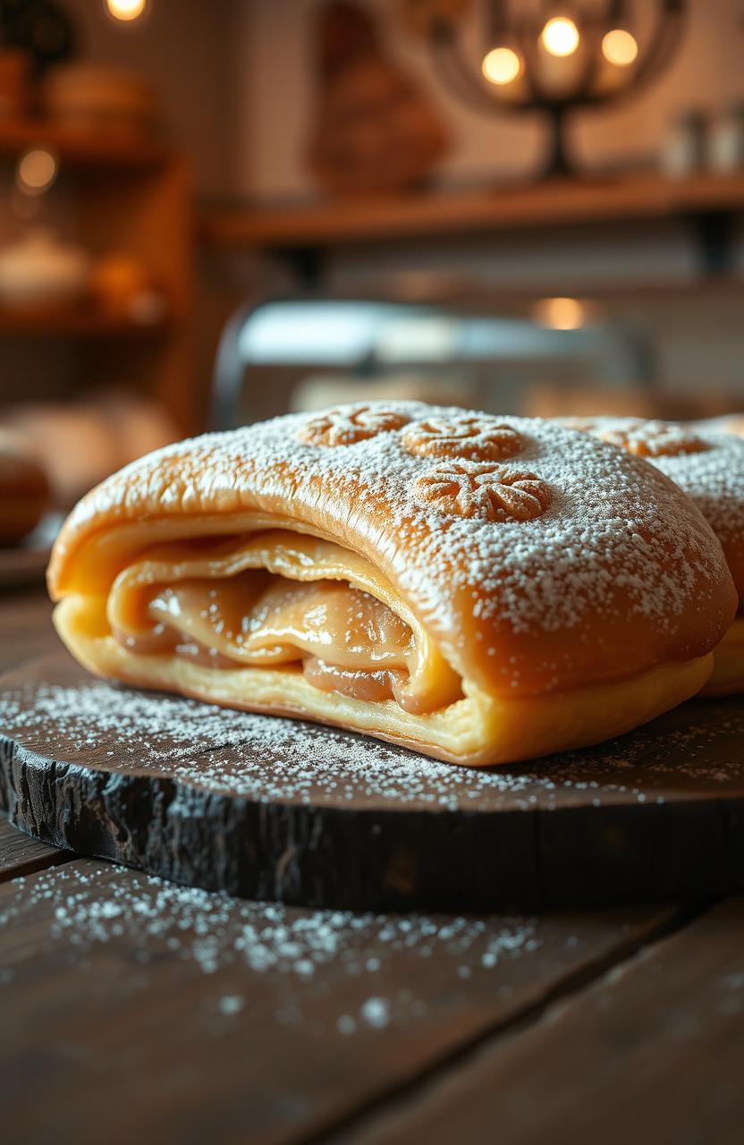 An exquisite Sugni di Zucchero pastry displayed elegantly on a rustic wooden table