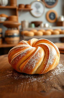 An exquisite Sugni di Zucchero pastry displayed elegantly on a rustic wooden table