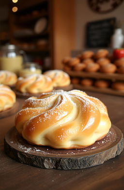 An exquisite Sugni di Zucchero pastry displayed elegantly on a rustic wooden table