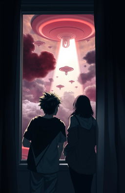 A dramatic scene depicting an alien invasion with a boy resembling Jungkook and a girl resembling Billie Eilish, both in a university setting