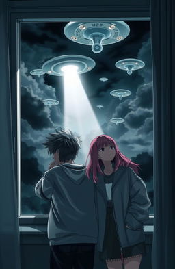 A dramatic scene depicting an alien invasion with a boy resembling Jungkook and a girl resembling Billie Eilish, both in a university setting