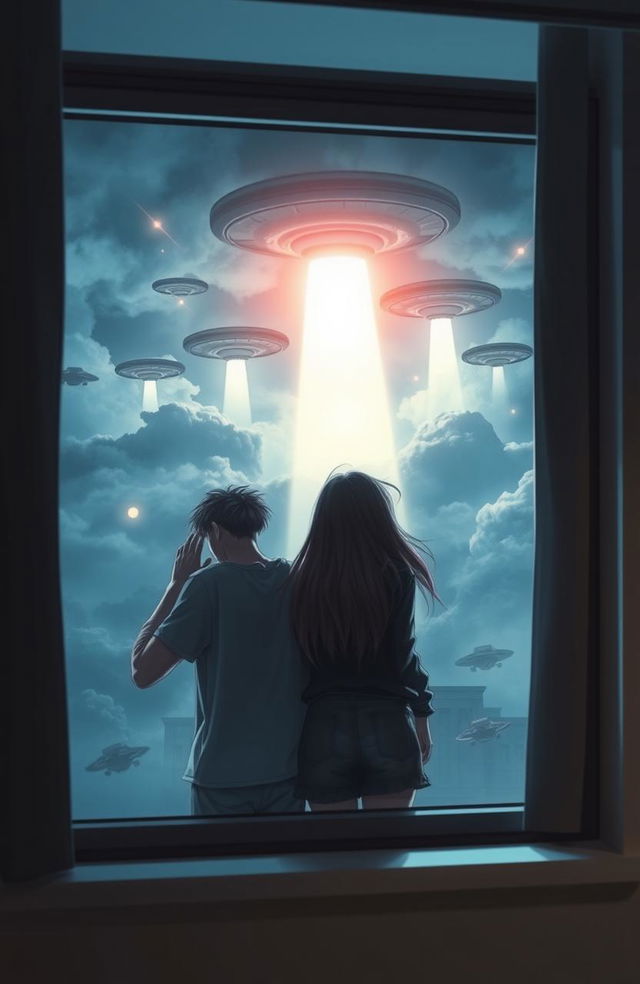 A dramatic scene depicting an alien invasion with a boy resembling Jungkook and a girl resembling Billie Eilish, both in a university setting