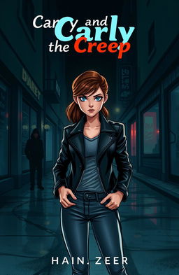 A thrilling story cover illustration depicting a young woman named Carly with an expression of determination, standing confidently in a dimly lit urban street