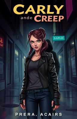 A thrilling story cover illustration depicting a young woman named Carly with an expression of determination, standing confidently in a dimly lit urban street