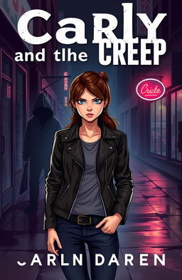 A thrilling story cover illustration depicting a young woman named Carly with an expression of determination, standing confidently in a dimly lit urban street