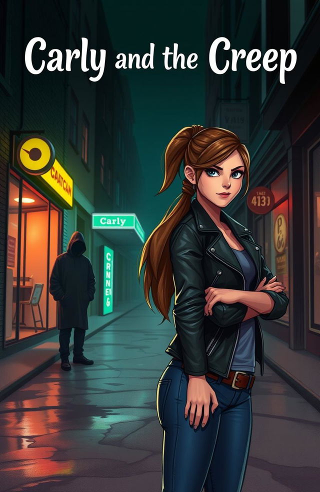 A thrilling story cover illustration depicting a young woman named Carly with an expression of determination, standing confidently in a dimly lit urban street