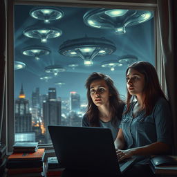 A vivid scene depicting an alien invasion with dramatic spaceships hovering over a city