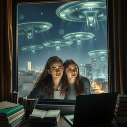 A vivid scene depicting an alien invasion with dramatic spaceships hovering over a city