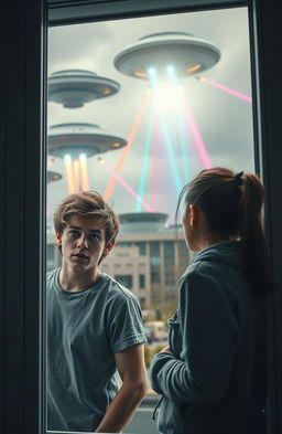 A dramatic scene depicting a sci-fi alien invasion, seen from the perspective of two university students, a young man and a young woman, peering out cautiously from behind a window