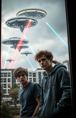 A dramatic scene depicting a sci-fi alien invasion, seen from the perspective of two university students, a young man and a young woman, peering out cautiously from behind a window