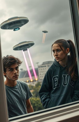 A dramatic scene depicting a sci-fi alien invasion, seen from the perspective of two university students, a young man and a young woman, peering out cautiously from behind a window