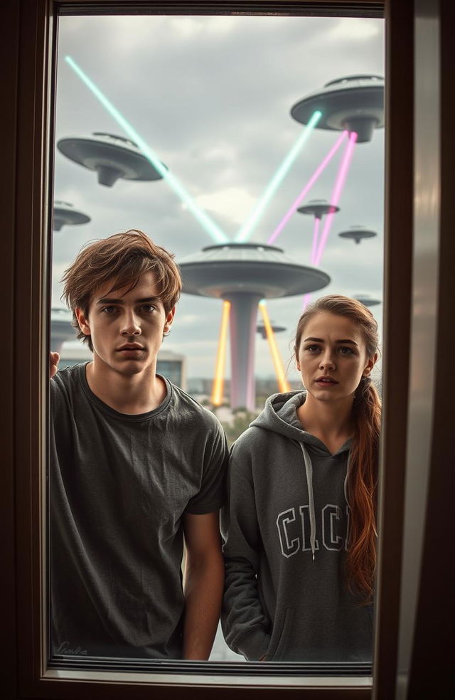 A dramatic scene depicting a sci-fi alien invasion, seen from the perspective of two university students, a young man and a young woman, peering out cautiously from behind a window