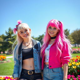 A vibrant scene featuring two girls: one with striking pink hair in a fun and lively style, embodying a playful spirit, and the other with beautiful white hair, capturing a sense of elegance and serenity