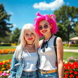 A vibrant scene featuring two girls: one with striking pink hair in a fun and lively style, embodying a playful spirit, and the other with beautiful white hair, capturing a sense of elegance and serenity