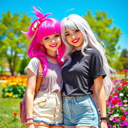 A vibrant scene featuring two girls: one with striking pink hair in a fun and lively style, embodying a playful spirit, and the other with beautiful white hair, capturing a sense of elegance and serenity