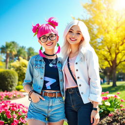 A vibrant scene featuring two girls: one with striking pink hair in a fun and lively style, embodying a playful spirit, and the other with beautiful white hair, capturing a sense of elegance and serenity