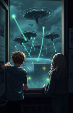 A dramatic scene depicting a sci-fi alien invasion outside of a university building, featuring a boy and a girl peeking through a window, their expressions a mix of fear and awe