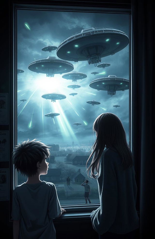 A dramatic scene depicting a sci-fi alien invasion outside of a university building, featuring a boy and a girl peeking through a window, their expressions a mix of fear and awe