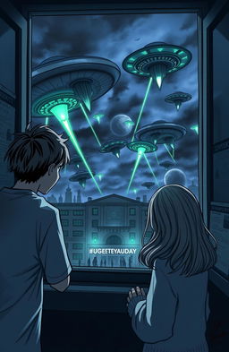 A dramatic scene depicting a sci-fi alien invasion outside of a university building, featuring a boy and a girl peeking through a window, their expressions a mix of fear and awe