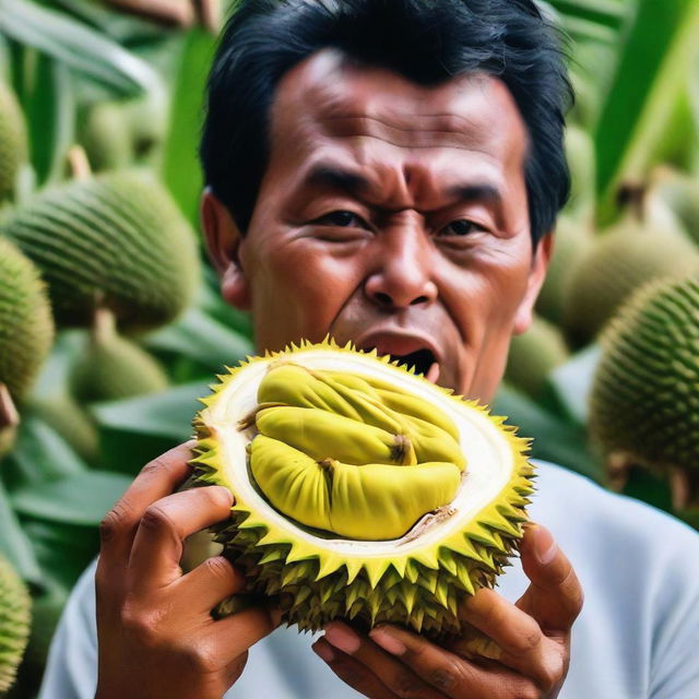 An individual amusingly munching on the angular, spiky shell of a durian fruit, devoid of its typical fleshy inside, their facial expression one of peculiar satisfaction