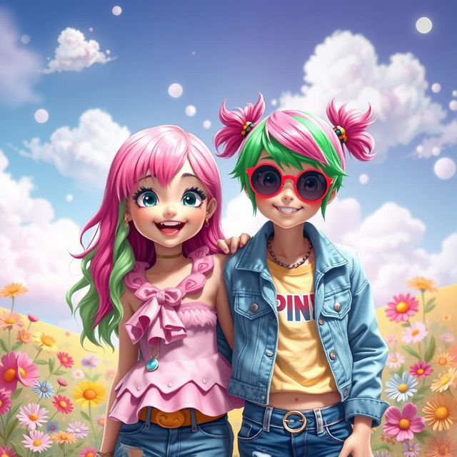 A vibrant and colorful scene featuring two girls, one with bright pink hair and the other with striking green hair