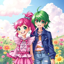 A vibrant and colorful scene featuring two girls, one with bright pink hair and the other with striking green hair