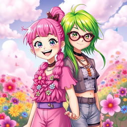 A vibrant and colorful scene featuring two girls, one with bright pink hair and the other with striking green hair