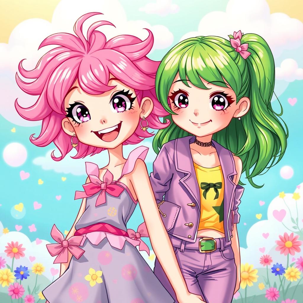 A vibrant and colorful scene featuring two girls, one with bright pink hair and the other with striking green hair