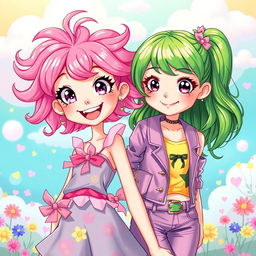 A vibrant and colorful scene featuring two girls, one with bright pink hair and the other with striking green hair