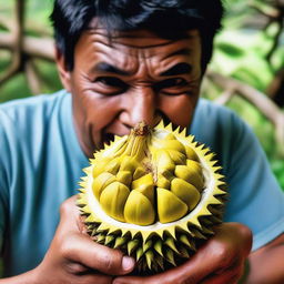 An individual amusingly munching on the angular, spiky shell of a durian fruit, devoid of its typical fleshy inside, their facial expression one of peculiar satisfaction