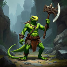 A fierce green lizardfolk barbarian standing in a rugged, wild landscape, exuding strength and ferocity