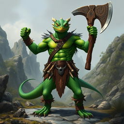 A fierce green lizardfolk barbarian standing in a rugged, wild landscape, exuding strength and ferocity