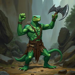 A fierce green lizardfolk barbarian standing in a rugged, wild landscape, exuding strength and ferocity