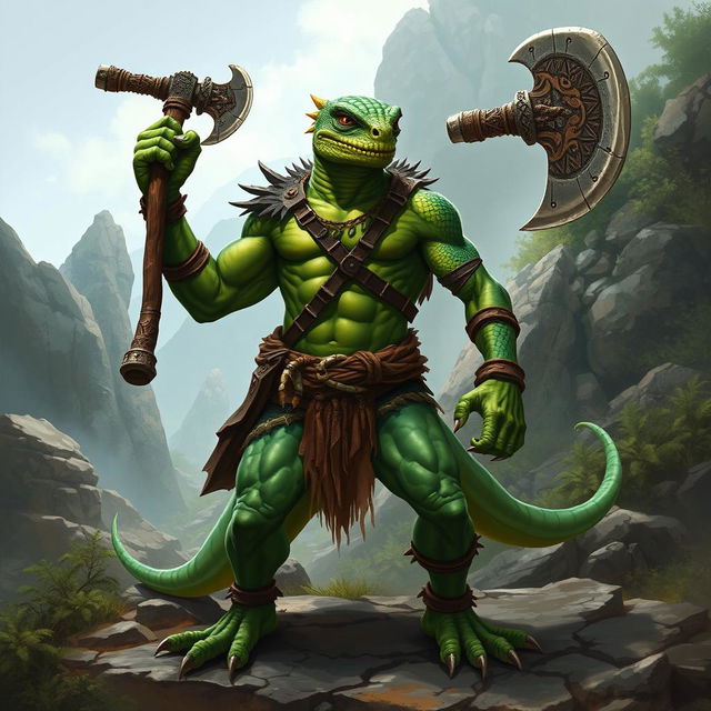 A fierce green lizardfolk barbarian standing in a rugged, wild landscape, exuding strength and ferocity